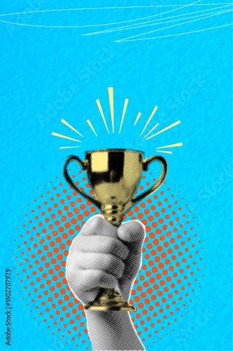 Trendy halftone collage with hand holding trophy symbolizing achievement, victory, success. Free space for text or advertising. Vertical vector illustration