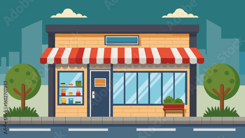Vector art of a charming flat illustration of a small retail store building with a red and white striped awning and trees on the sidewalk