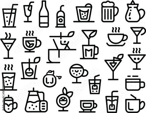Collection of hand drawn beverage icons and symbols for drinks
