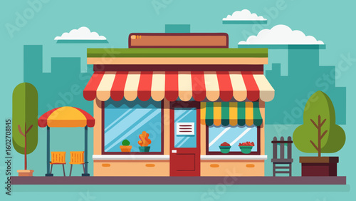 Vector art of a charming flat illustration of a small retail shop with a red door striped awning and outdoor seating on a sunny day