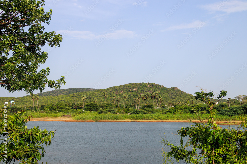 Fototapeta premium Beautiful landscape with lake, clouds and trees near chennai tamil nadu