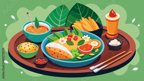 Vector art of a vibrant and colorful illustration of an asianinspired meal served on a wooden tray with various dishes and accompaniments