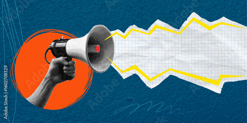 Trendy halftone art collage, megaphone and space for text on blue background. Concept for advertising and promoting your ideas.