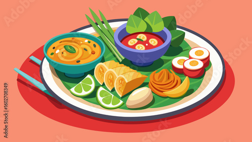 Vector art of a delightful flat design illustration of an asian meal featuring a bowl of soup sliced fruit vegetables and dipping sauce on a patterned plate