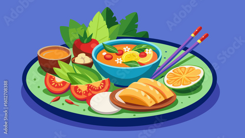 Vector art of a closeup illustration of an asian meal featuring a bowl of soup sliced tomatoes orange wedges and other ingredients arranged on a green plate