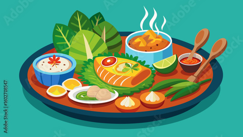 Vector art of a beautifully presented meal featuring a central fish dish accompanied by various side dishes sauces and fresh garnishes on a large platter