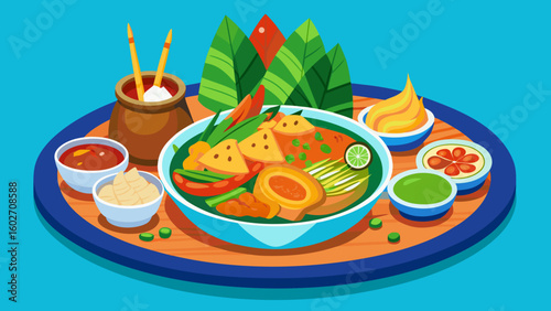 Vector art of an artistic illustration of a vibrant meal served on a platter showcasing a main bowl of food with various small dishes and condiments
