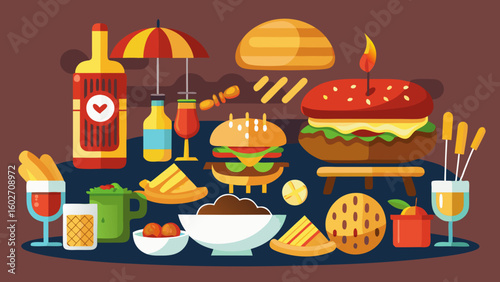 Vector art of a lively flat illustration depicts a spread of popular fast food and drinks including burgers fries pizza and beverages on a brown background