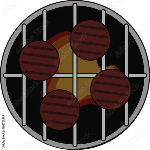 Vector illustration of a BBQ grill viewed from above, featuring four delicious grilled beef burger patties over open flames.