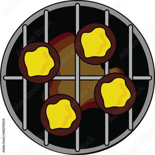 Vector illustration of a BBQ grill viewed from above, featuring four delicious grilled beef burger patties with melted cheese on top over open flames.