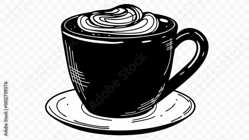 Hot beverages including coffee, tea, and chocolate drinks in cups and mugs, perfect for a cafe breakfast