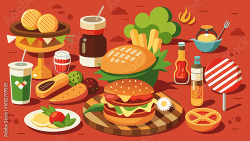 Vector art of a lively illustration displays a variety of fast food items including burgers fries drinks and condiments set against a vibrant red background