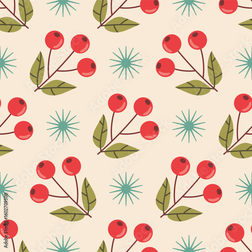Red rowan branch with berries and stars in neat polka dot order seamless pattern.