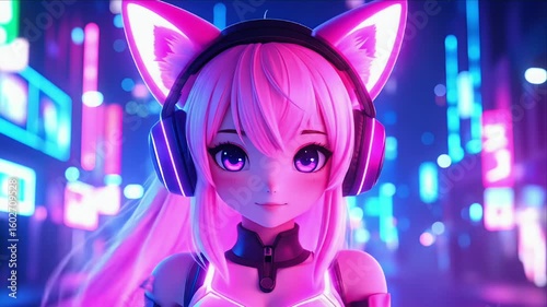 Anime character with pink hair and neon ears; cityscape background