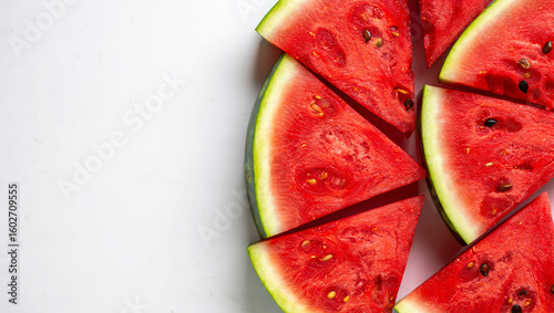 Assorted close-up shots of watermelon halves and slices on black, white and grey backgrounds, showcasing juicy red flesh and seeds.