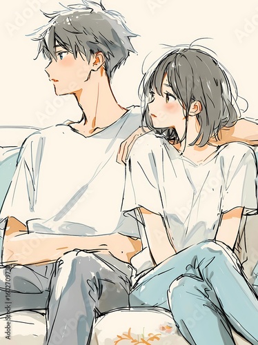 K-Pop Romance Korean Manga Illustration of a Young Couple Hanging Out	