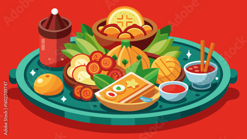 Vector art of a vibrant and colorful platter of assorted asianinspired dishes and snacks is presented on a teal tray with a red background