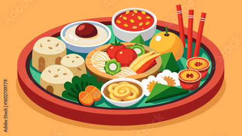 Vector art of a delightful assortment of asian dishes including dumplings fruits and dips is arranged on a redrimmed oval tray against an orange backdrop