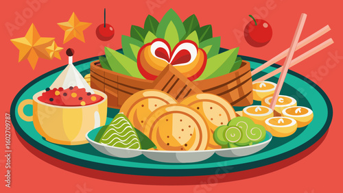 Vector art of an artistic arrangement of asian food showcasing pastries dumplings fruits and vegetables served with chopsticks and a cup of red sauce