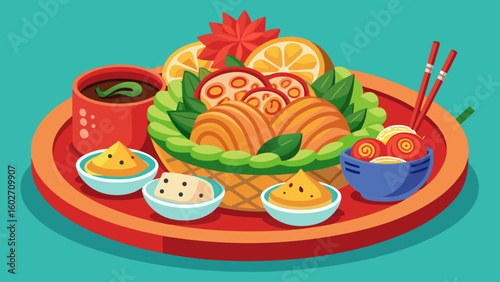 Vector art of a vibrant illustration of an asian meal presentation featuring various dishes bowls and chopsticks on a circular tray