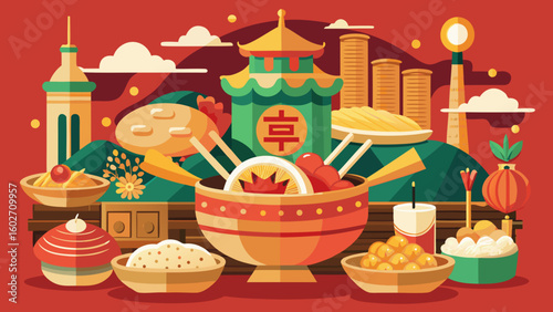Vector art of an artistic illustration depicting a spread of asian food dishes and ingredients with traditional chinese architecture in the background