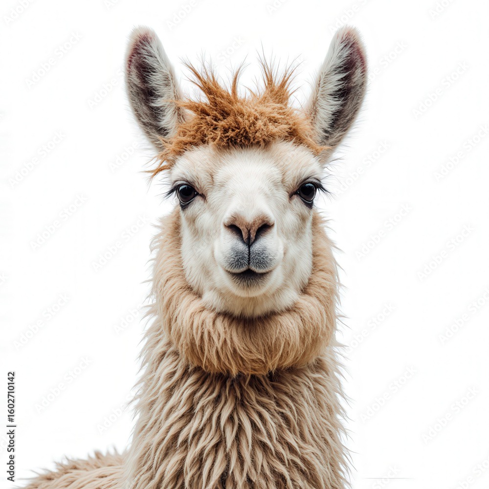 Fototapeta premium Radiant Llama Portrait: A captivating close-up of a llama, showcasing its gentle gaze and unique, textured fleece, inviting connection and curiosity.