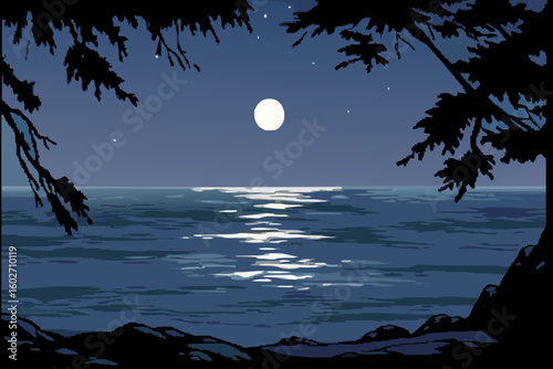Fotografia Moonlight on the Ocean with Trees Silhouette