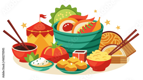 Vector art of an artistic arrangement of asian food items featuring dumplings noodles and rice set against a white background with decorative stars