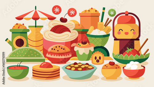 Vector art of a cheerful illustration of various asian desserts and sweet treats including cakes and fruits displayed on a light beige background