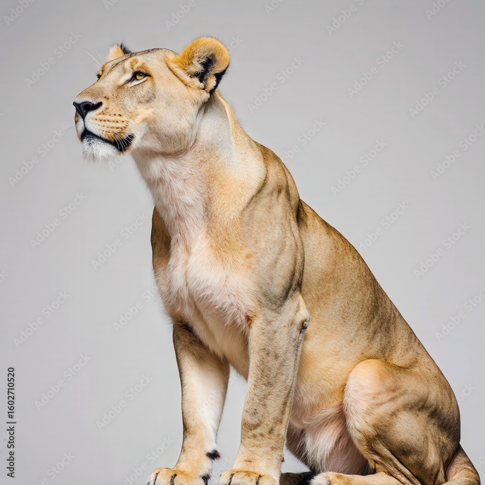 Obraz premium Regal Lioness Portrait: A majestic lioness sits proudly, exuding strength and grace with captivating intensity. This photorealistic image shows her powerful presence and elegant poise.