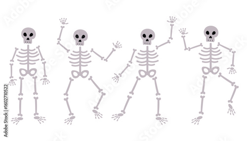 Cute happy Halloween set of standing and dancing skeletons in various fun poses.