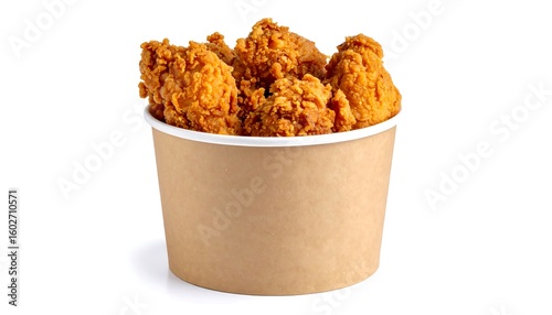 Crispy fried chicken in a brown paper container