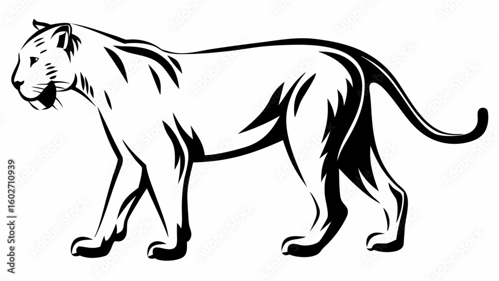 Fototapeta premium A black and white illustration of a panther walking with a long tail and sharp features design