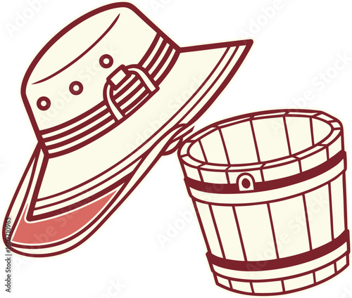  flat design of banya steam room hat and bucket set.