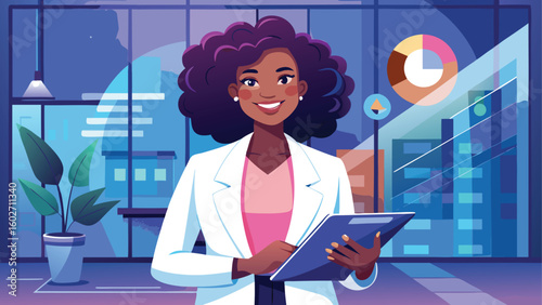 Smiling black woman doctor holding a clipboard in a modern office
