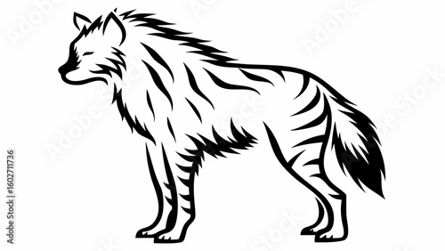 Stylized black and white hyena illustration with detailed fur and striped pattern standing sideways view