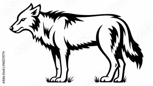 Stylized monochrome illustration of a standing wolf with detailed fur and a bushy tail design art