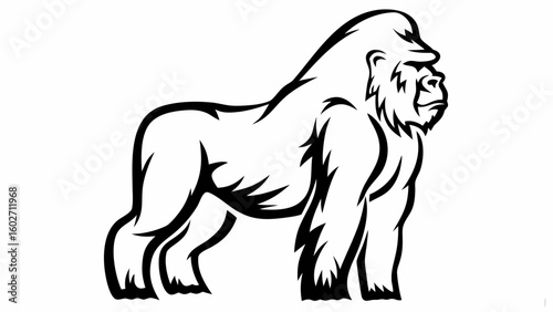 Illustration of a gorilla standing in profile with a strong muscular build in black and white color
