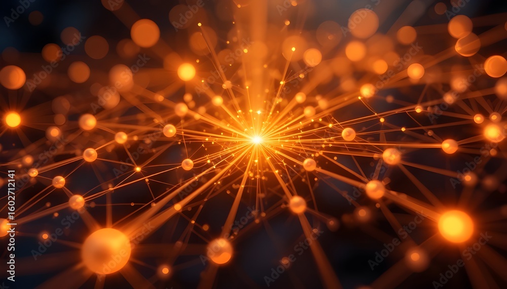 Obraz premium Abstract network with glowing orange nodes and connections radiating from a central point of light