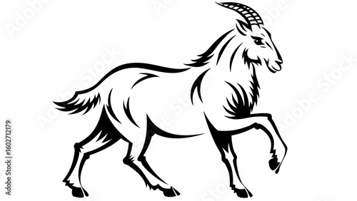 Stylized monochrome illustration of a goat standing with detailed horns and defined musculature