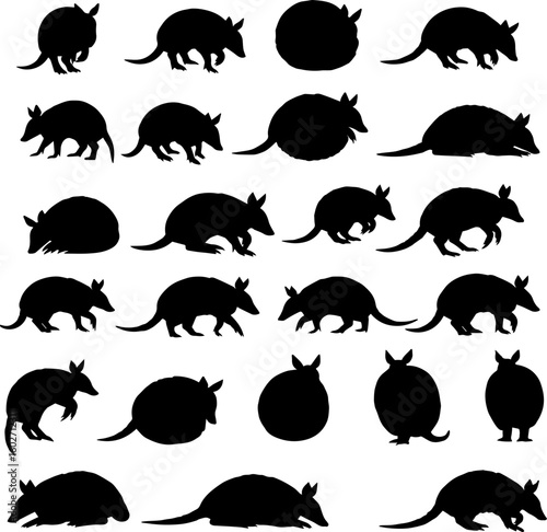 A collection of armadillo silhouettes in various poses, including walking, standing, and curled up, presented in a grid arrangement.