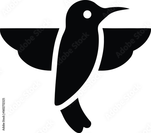 Stylized hummingbird icon, a minimalist black bird silhouette with wings spread