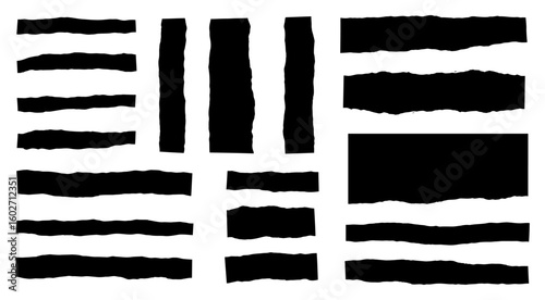 Torn long pieces of paper set. Black paper strips with jagged and even edges. Ripped fragment collection.