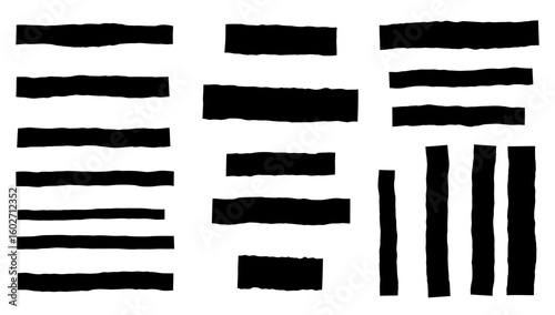 Torn long pieces of paper set. Black paper strips with jagged and even edges. Ripped fragment collection.