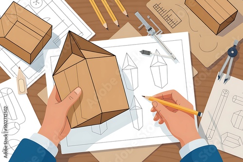 Designer sketching drawing design Brown craft cardboard paper product eco packaging mockup. Packaging design sketching product box dielines with cardboard model,  and layout ideas in studio workspace.