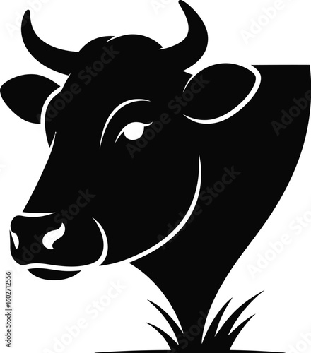 Black cow head with horns and grass cattle bovine
