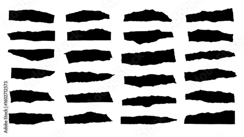 Torn long pieces of paper set. Black paper strips with jagged and even edges. Ripped fragment collection.
