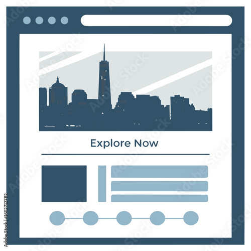 Illustration of a website with a skyline silhouette, explore now text, and content placeholders design
