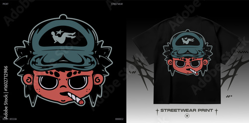 Y2K cartoon mascot print. Teenager character with green cap, long hair, and cigarette in streetwear style. Vector