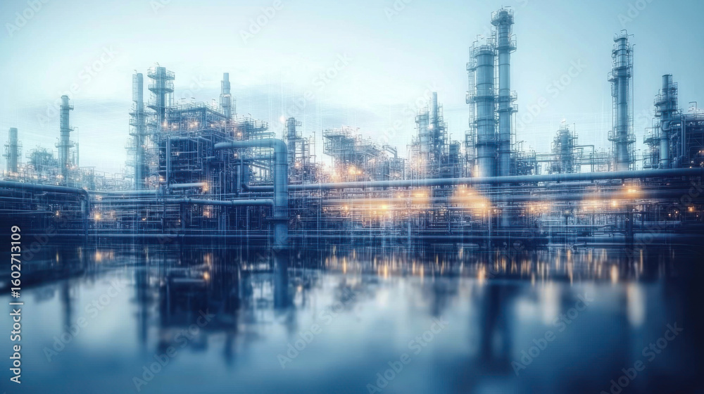 Fototapeta premium Double exposure of oil refinery and pipelines with a technology concept. Industrial and innovation